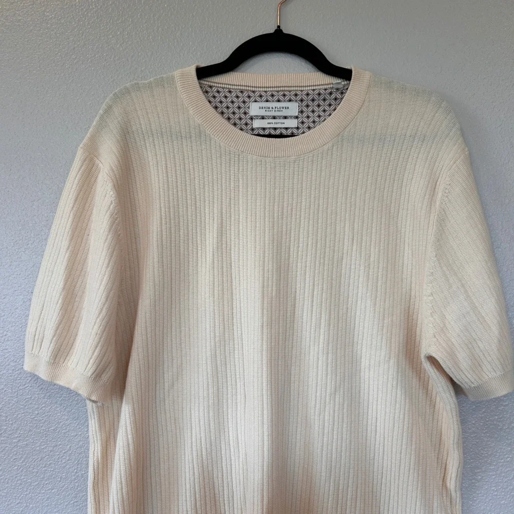 Denim & Flower Ricky Singh Mens Large Cream Ribbed Short Sleeve Cotton Sweater